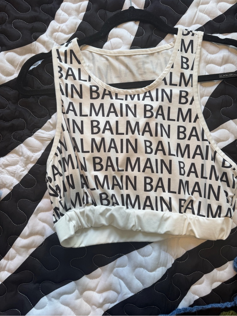 Balmain White Crop Tank Top with Black Logo Print